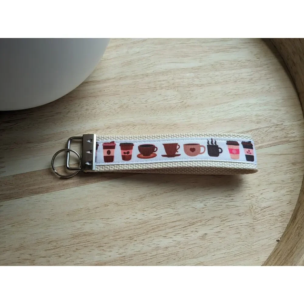 Coffee Cup Keychain Wristlet Feather Boho Fabric Key Ring FOB Espresso Gift Item
